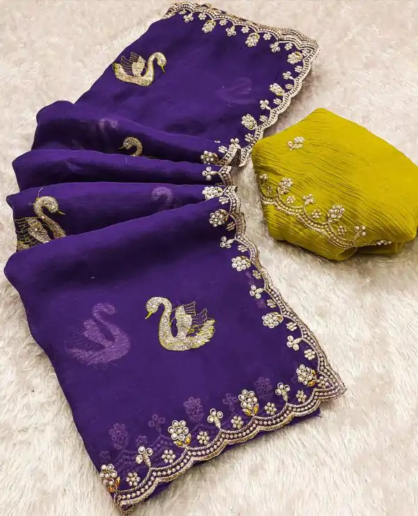 BT 1284 Purple Crunchy Chiffon Saree Perfect for Wedding, Party, Ethnic Day, Ganesh Chaturthi, Sangeet . Best Price ₹1799. Delivery 4-6 Working Days | Designer Sarees, Embroidered Sarees, Sarees, Bollywood Sarees, Creative Sarees, Ethnic Saree, Modern Digital sarees, Party Wear Sarees