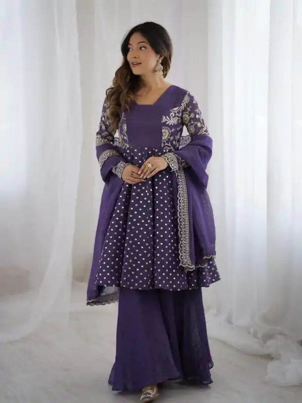 Purple Crunchy Silk Embroidery Work Salwar Suit