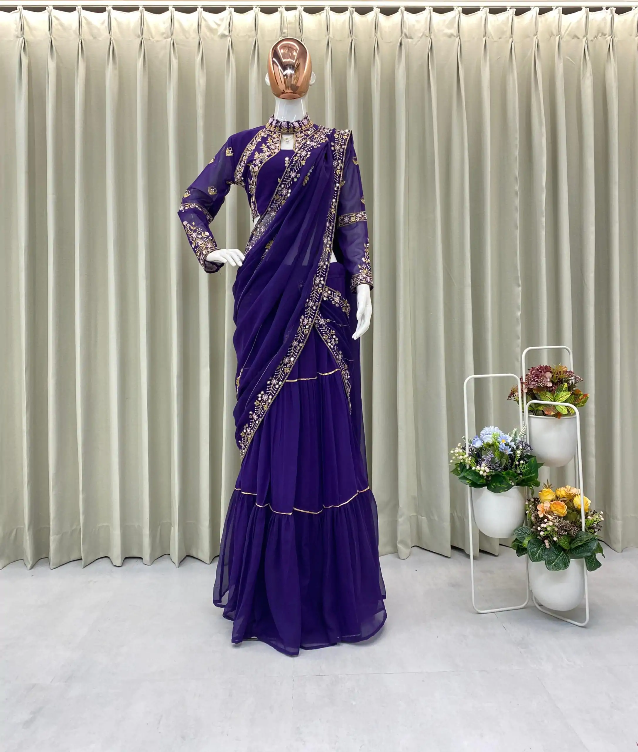 BE 280 Purple Georgette Lehenga Saree Perfect for Wedding, Party, Cultural Events, Housewarming, Ganesh Chaturthi . Affordable Price ₹2399. Delivery 4- | Lehenga, Bollywood Lehenga, Creative Lehenga, Designer Lehenga, Embroidered Lehenga, Party Wear Lehenga