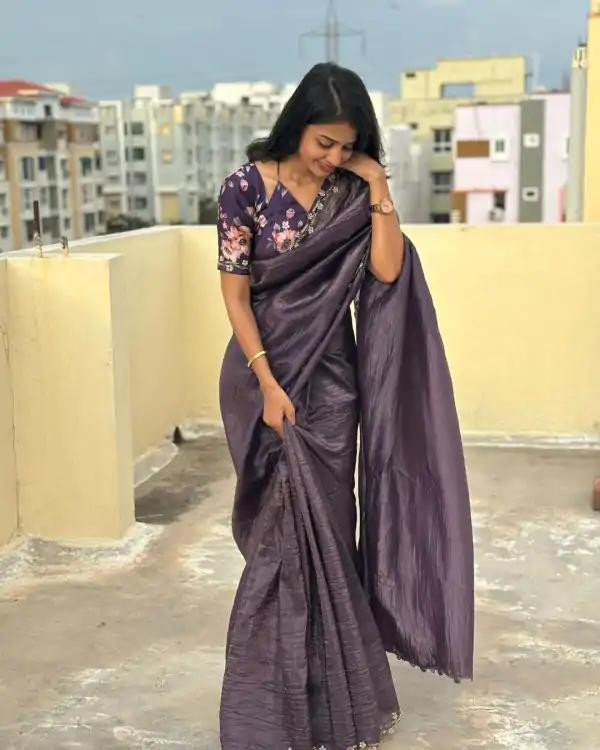Purple Gold Crush Lace Border Work Saree