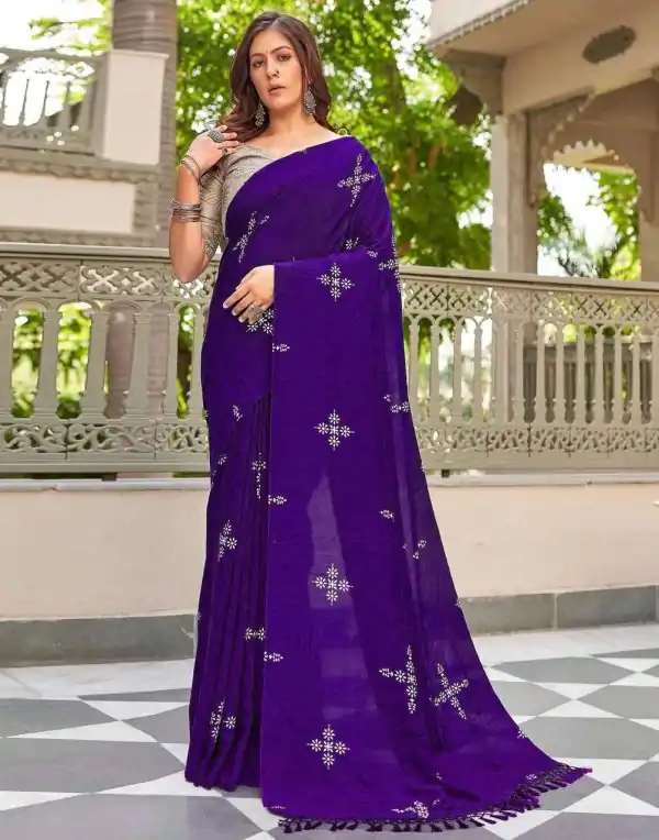 Purple Natural Silk With Thread Embroidery Saree