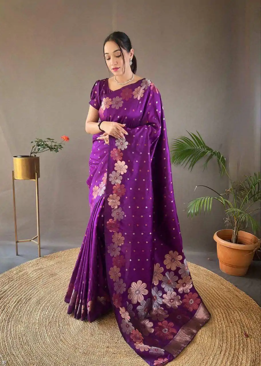 KP 6003 Purple Soft Lichi Silk Cloth Lace Work & Lace Border Saree in Best Price ₹1399. Delivery 4-6 Working Days. Shop now. | Designer Sarees, Embroidered Sarees, Sarees, Bollywood Sarees, Creative Sarees, Ethnic Saree, Modern Digital sarees, Party Wear Sarees