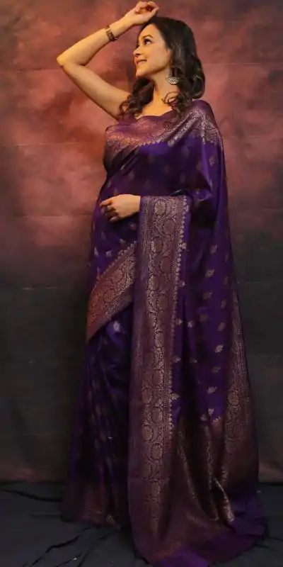 Purple Soft Lichi Silk Lace Border Lace Work Saree