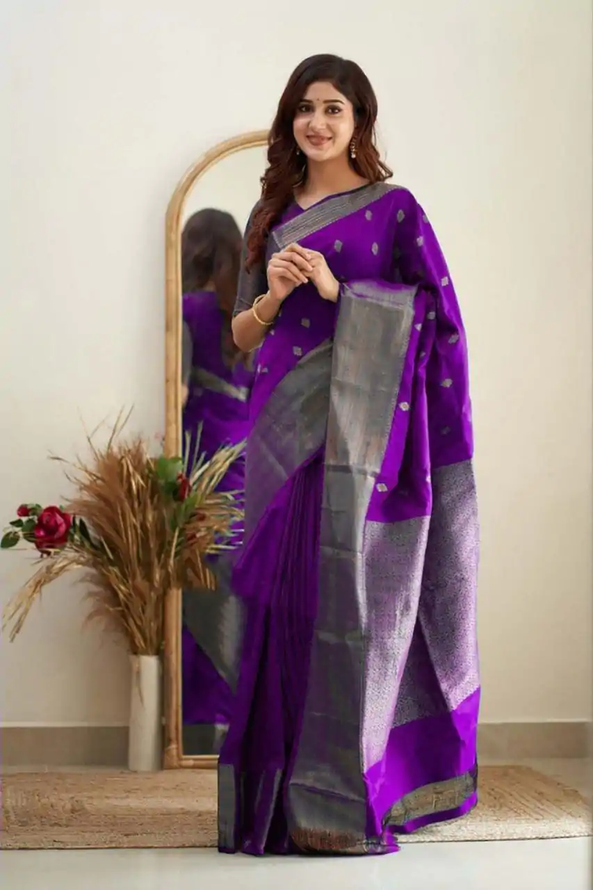 Purple Soft Lichi Silk Lace Border Saree - Image 3