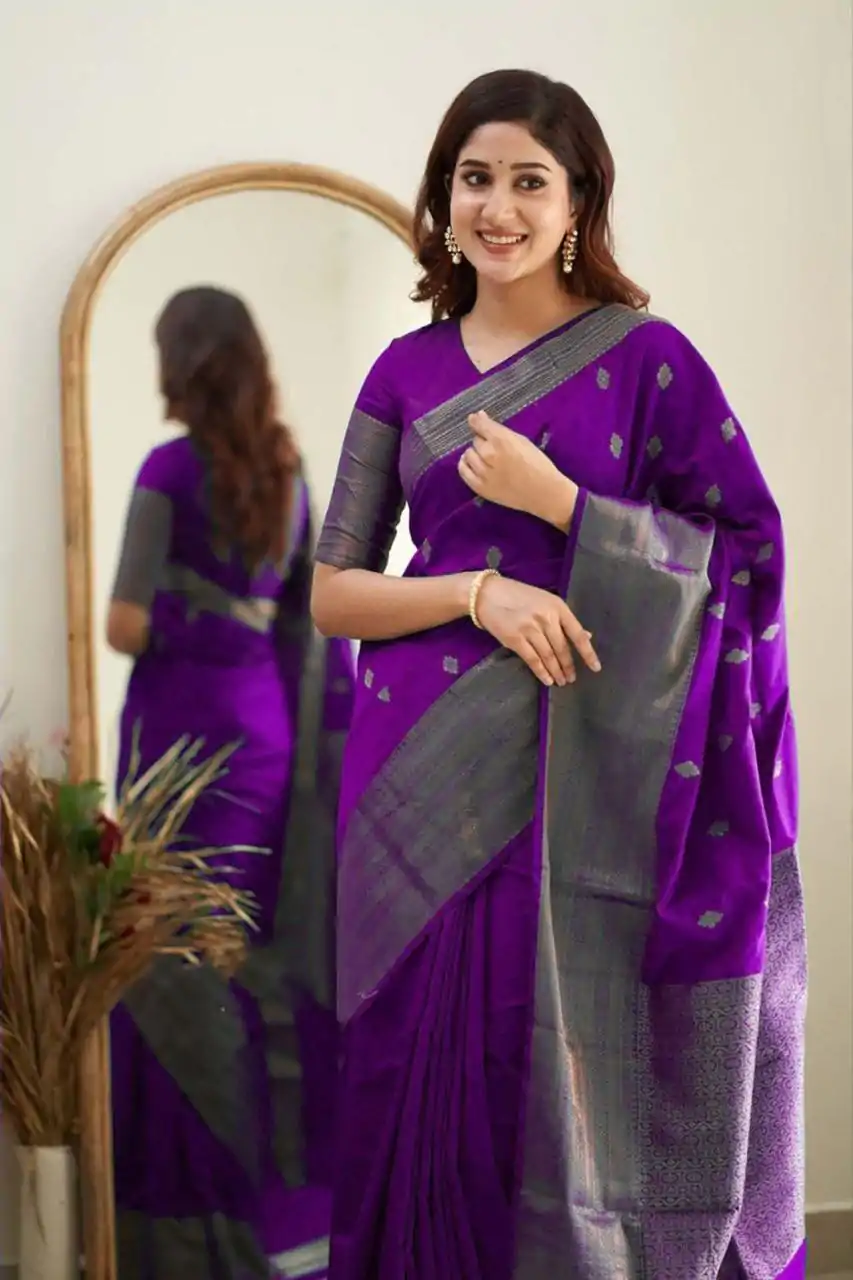 Purple Soft Lichi Silk Lace Border Saree - Image 2