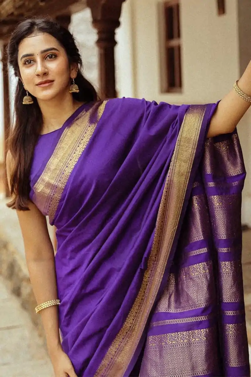 Purple Soft Lichi Silk Rich Pallu Saree - Image 3