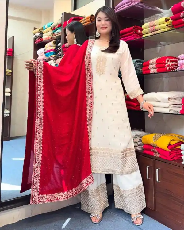 Red Chinnon Silk With Embroidery Work Salwar Suit