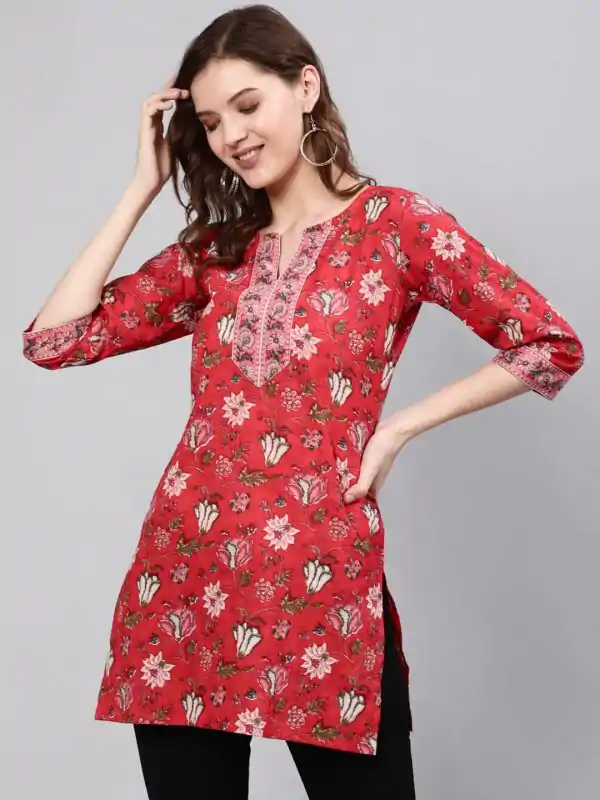 Red Cotton Printed Kurti