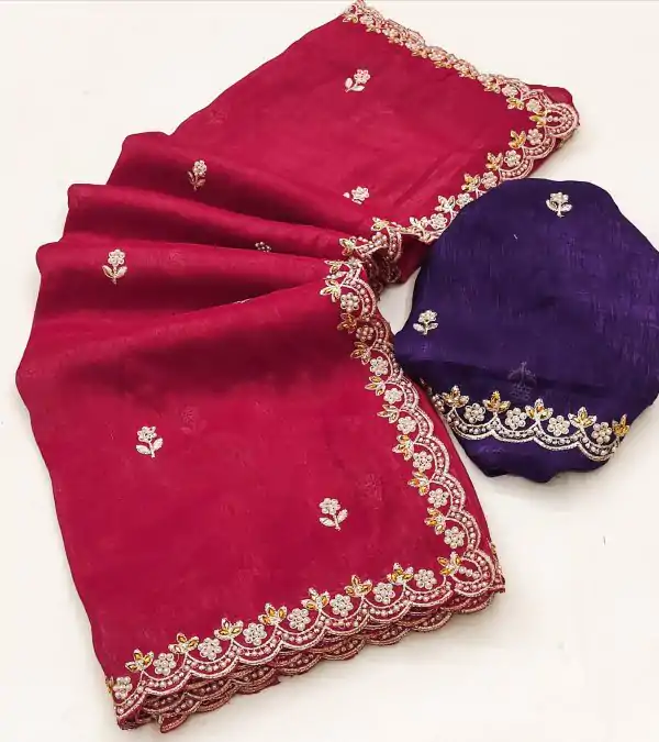 Red Crunchy Chiffon Embroidery Work Saree