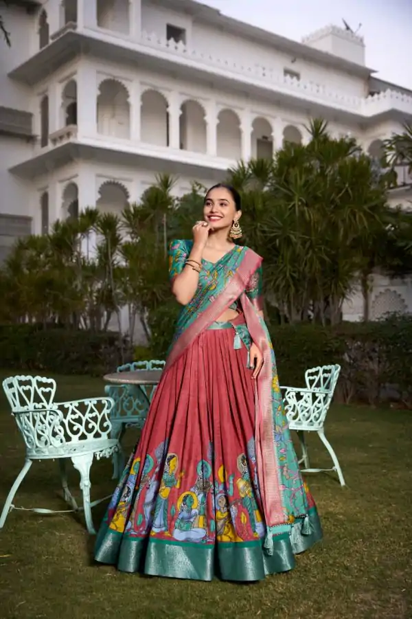 Red Dola Silk Kalamkari Print Lehenga Choli