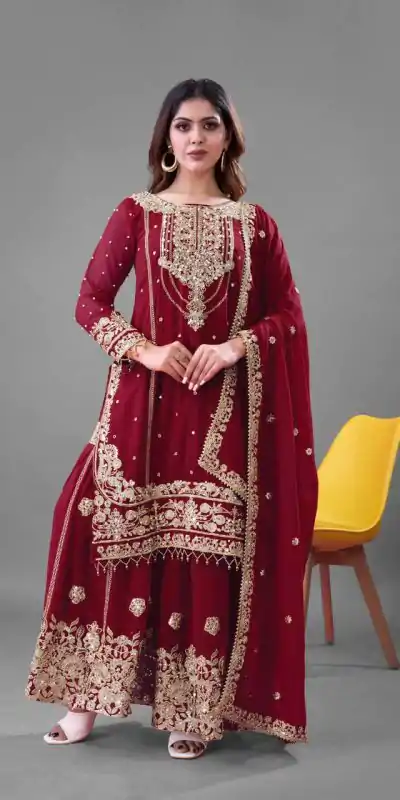 SR 1688 Red Heavy Faux Georgette With Heavy Embroidery Wedding, Party, Festive, Events, Navratri Garba, Reception, Haldi, 4-6 Working Days At 1949 Only | Casual Suits, Jump Suits, Salwar suit, Creative suits, Designer Suits, Palazzo Suits, Party Wear Suits, Patiala Suits, Straight Suits