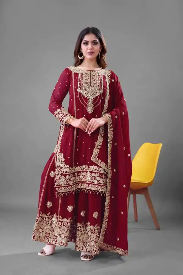 SR 1688 Red Heavy Faux Georgette With Heavy Embroidery Wedding, Party, Festive, Events, Navratri Garba, Reception, Haldi, 4-6 Working Days At 1949 Only | Casual Suits, Jump Suits, Salwar suit, Creative suits, Designer Suits, Palazzo Suits, Party Wear Suits, Patiala Suits, Straight Suits