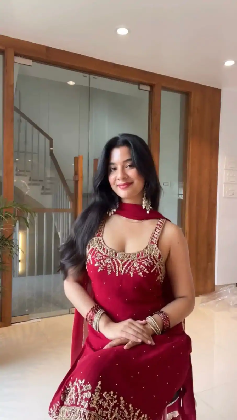 Red Faux Georgette With Lace Work Salwar Suit - Image 2