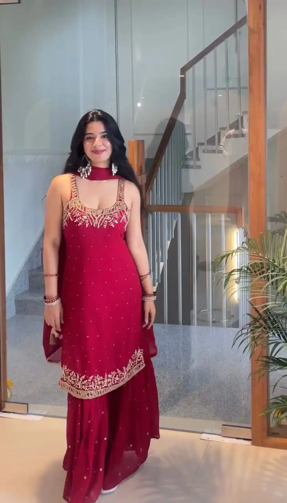 Red Faux Georgette With Lace Work Salwar Suit