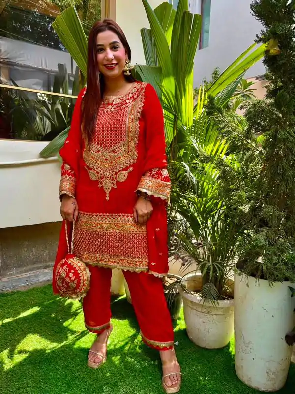 Red Faux Georgette With Sequence Salwar Suit