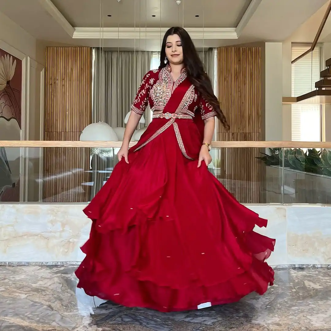 Red Fiona Silk With Embroidery Lehenga Saree - Image 2
