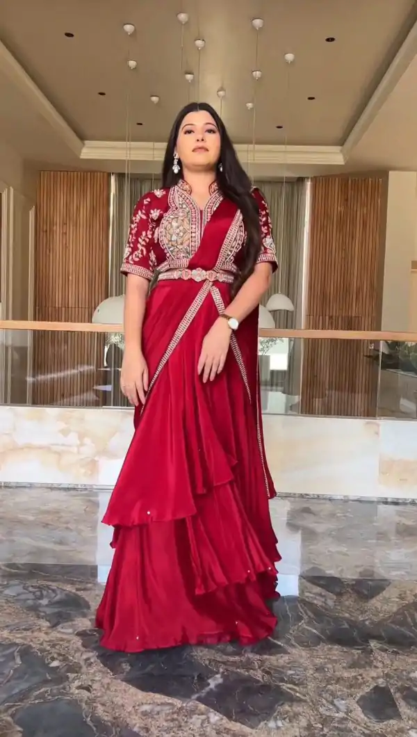 Red Fiona Silk With Embroidery Lehenga Saree
