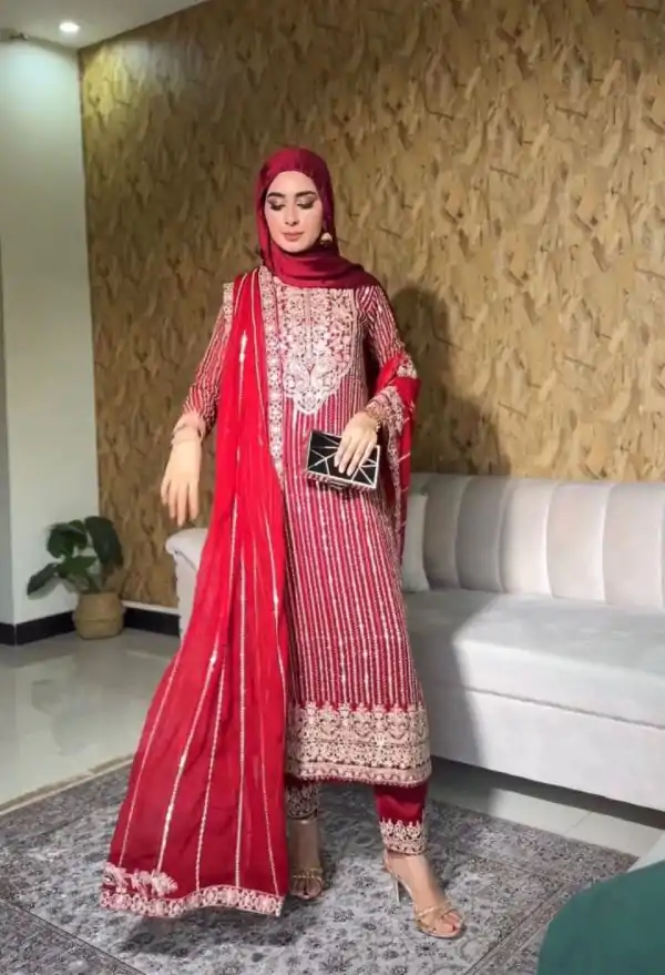 Red Faux Georgette Lace Work Salwar Suit