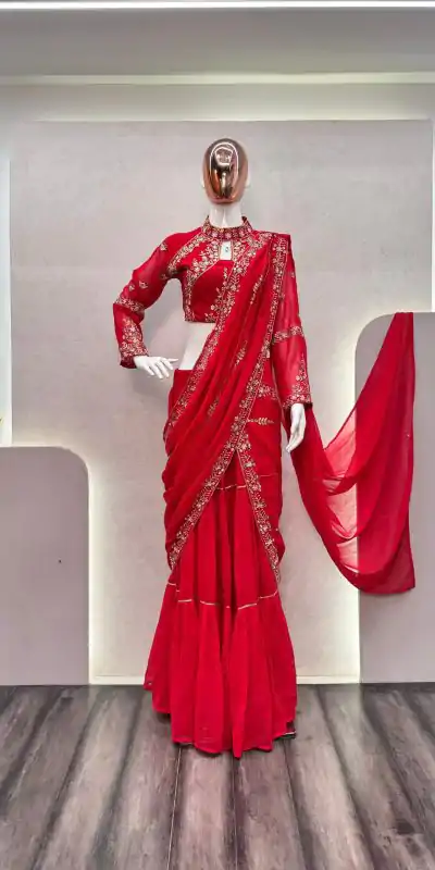 BE 280 Red Georgette Lehenga Saree Perfect for Wedding, Party, Cultural Events, Housewarming, Ganesh Chaturthi . Affordable Price ₹2399. Delivery 4- | Lehenga, Bollywood Lehenga, Creative Lehenga, Designer Lehenga, Embroidered Lehenga, Party Wear Lehenga