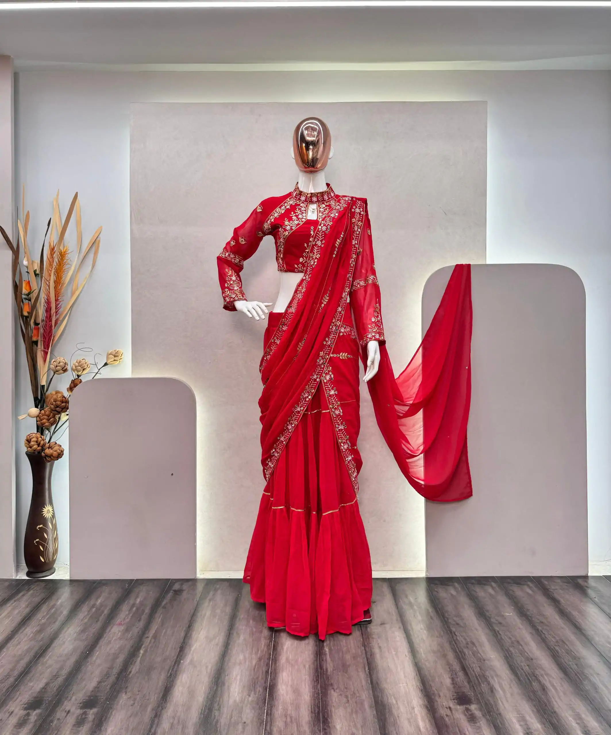 BE 280 Red Georgette Lehenga Saree Perfect for Wedding, Party, Cultural Events, Housewarming, Ganesh Chaturthi . Affordable Price ₹2399. Delivery 4- | Lehenga, Bollywood Lehenga, Creative Lehenga, Designer Lehenga, Embroidered Lehenga, Party Wear Lehenga