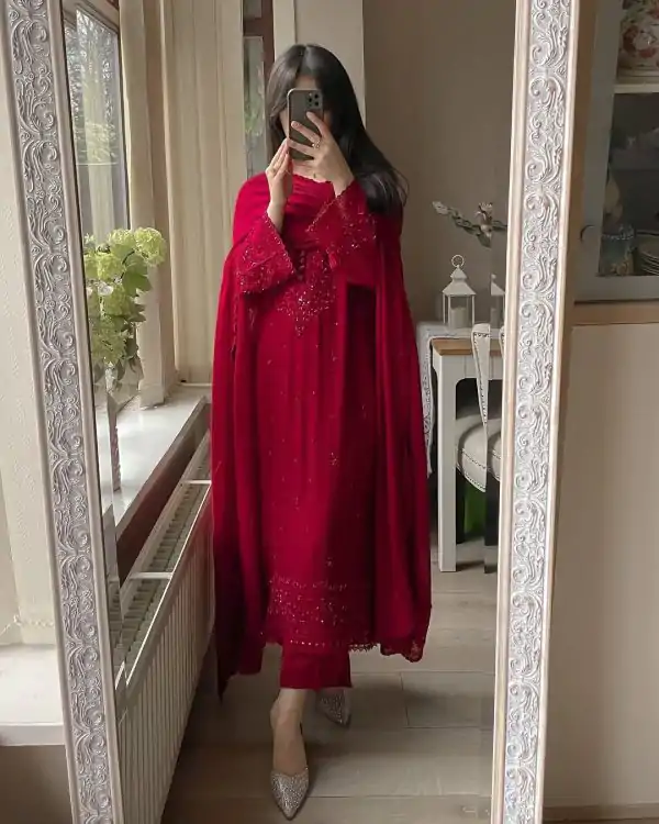 Red Georgette Embroidery Work Salwar Suit