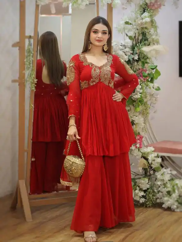 Red Georgette Sequence Lace Work Salwar Suit