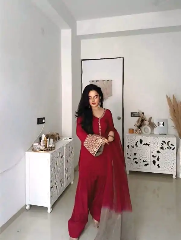 Red Natural Satin Silk Sequence Work Slawar Suit