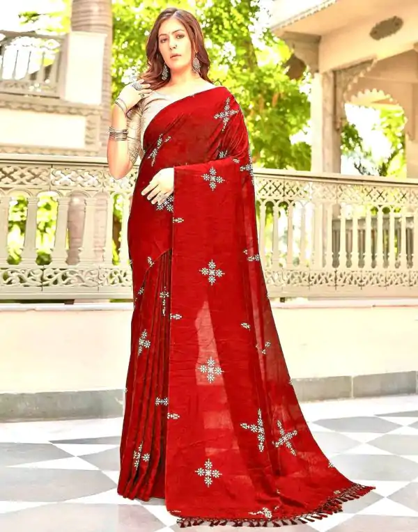 Red Natural Silk With Thread Embroidery Saree