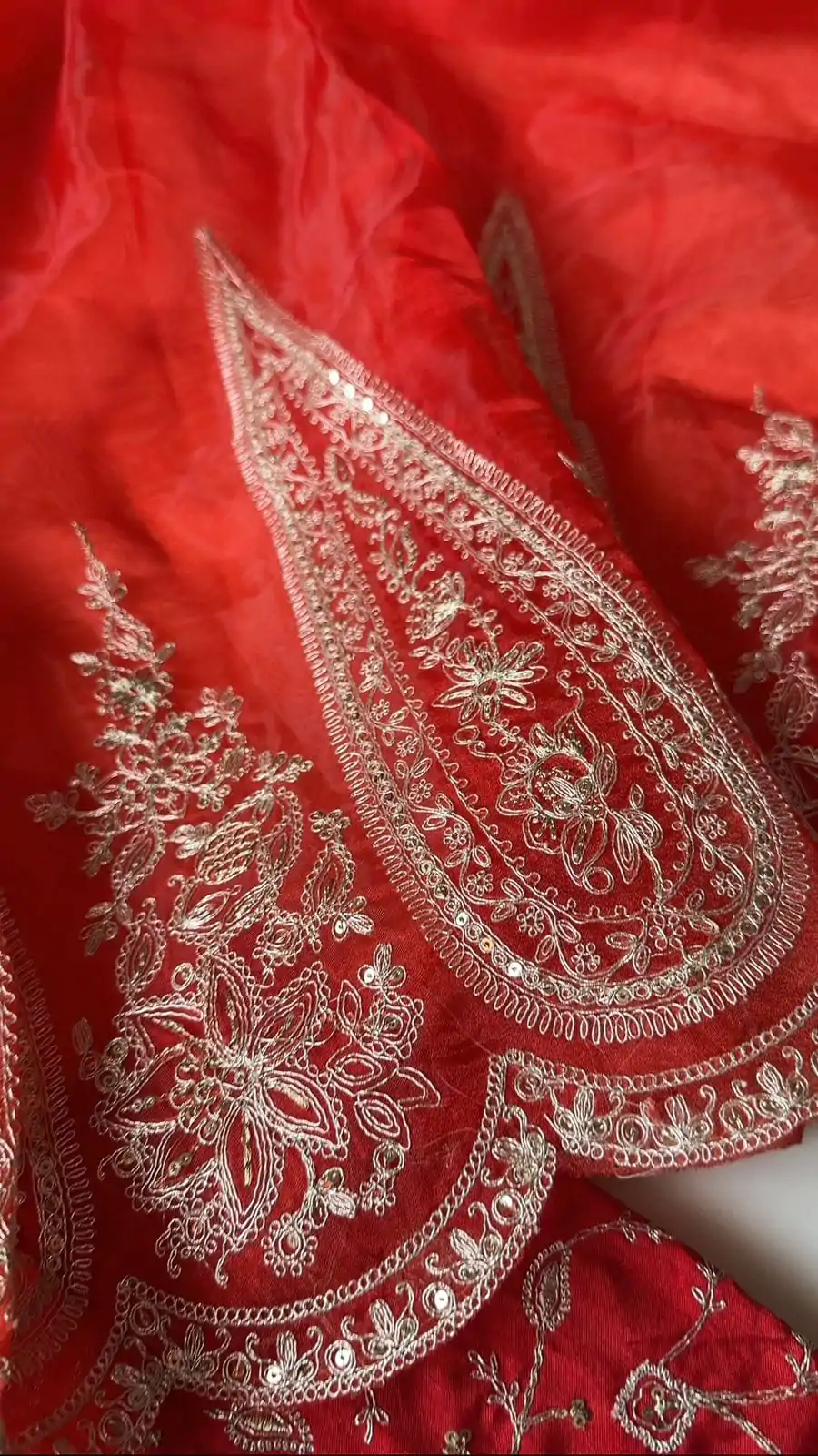 Red Organza Tissue Sequins Work Embroidery Saree - Image 6