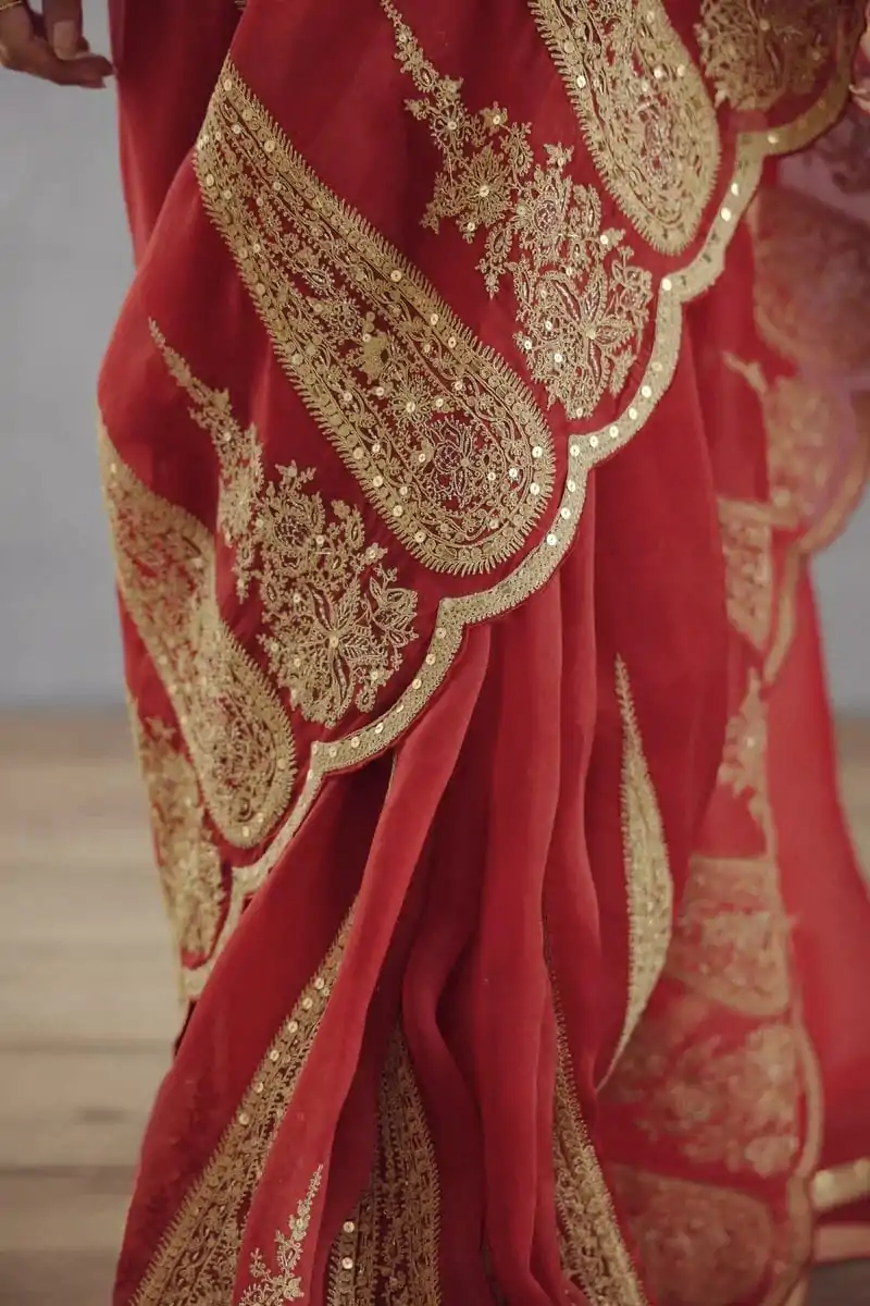 Red Organza Tissue Sequins Work Embroidery Saree - Image 5
