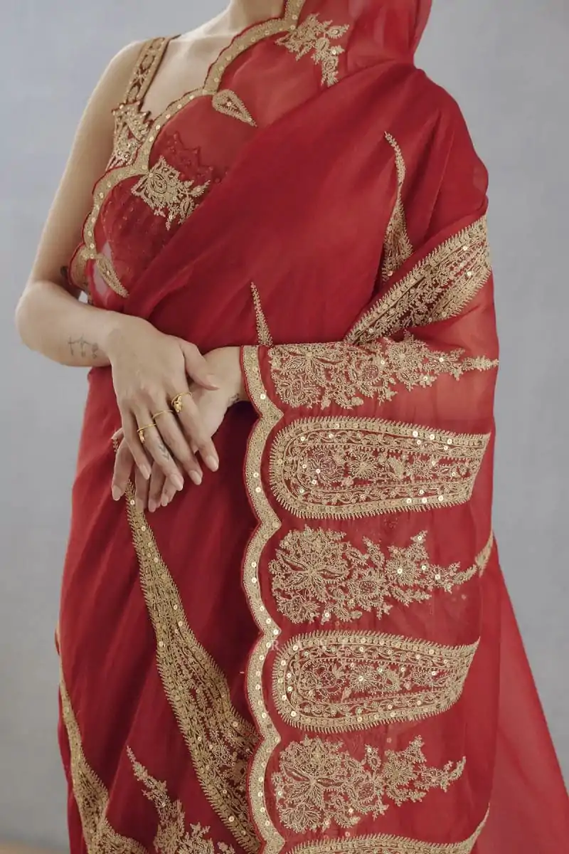 Red Organza Tissue Sequins Work Embroidery Saree - Image 4