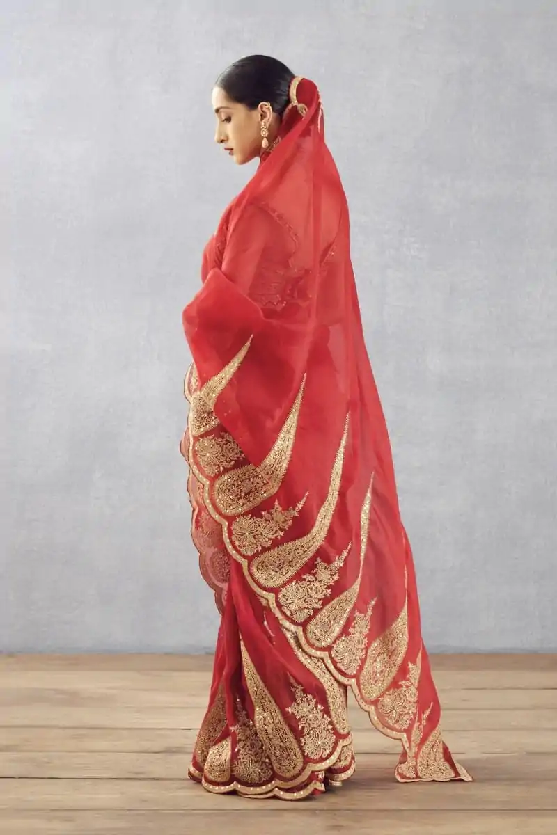 Red Organza Tissue Sequins Work Embroidery Saree - Image 3