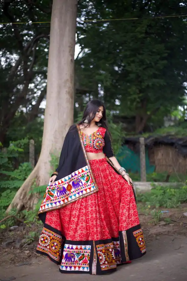 Red Pure Cotton With Gamthi Work Lehenga Choli