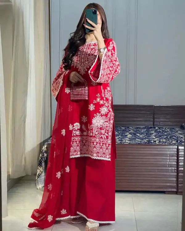 Red Roman Silk Embroidery Work Salwar Suit
