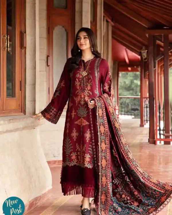 Red Roman Silk With Embroidery Work Salwar Suit