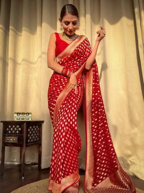 KP 5083 Red Soft Lichi Silk Perfect for Wedding, Party, Family Gatherings, Sangeet, Diwali Cloth. Saree. Get it for ₹1399. Delivery 4-6 Working Days. | Designer Sarees, Embroidered Sarees, Sarees, Bollywood Sarees, Creative Sarees, Ethnic Saree, Modern Digital sarees, Party Wear Sarees