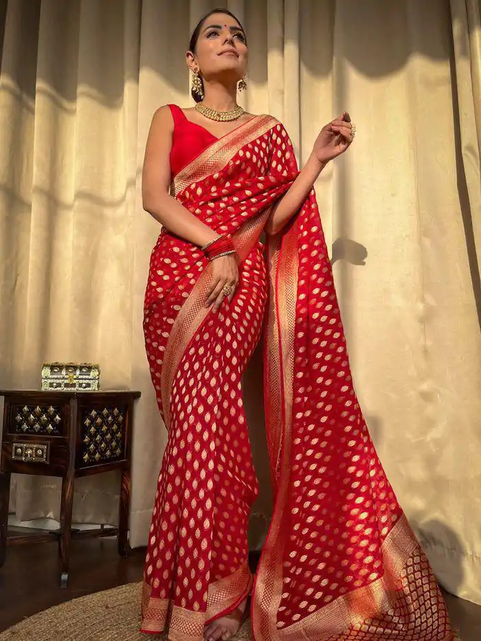 KP 5083 Red Soft Lichi Silk Perfect for Wedding, Party, Family Gatherings, Sangeet, Diwali Cloth. Saree. Get it for ₹1399. Delivery 4-6 Working Days. | Designer Sarees, Embroidered Sarees, Sarees, Bollywood Sarees, Creative Sarees, Ethnic Saree, Modern Digital sarees, Party Wear Sarees