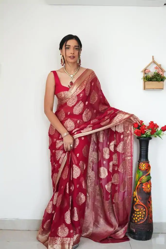 Red Soft Lilan Slab Attractive Charm full Saree - Image 6