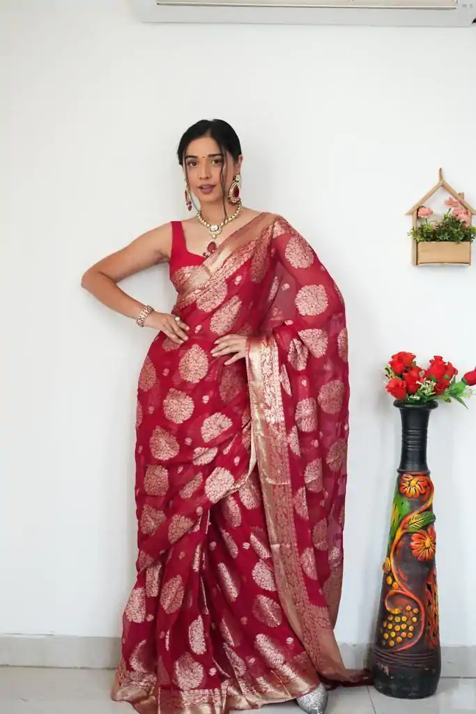 Red Soft Lilan Slab Attractive Charm full Saree - Image 2