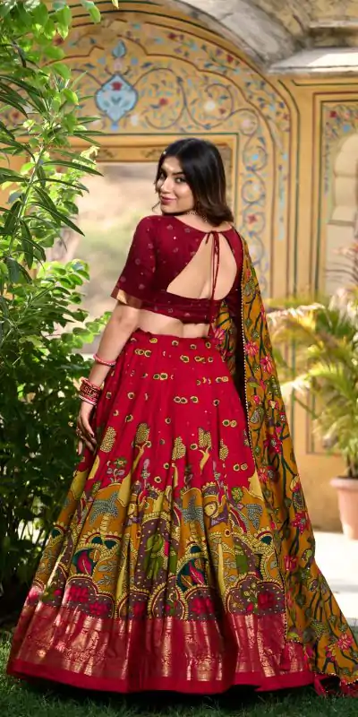 LNB 1219 Red Tasar Silk With Gotta Patti Work & Kalamkari Print Lehenga Choli . Best Price ₹2449. Delivery 4-6 Working Days. Shop now. | Lehenga, Bollywood Lehenga, Creative Lehenga, Designer Lehenga, Embroidered Lehenga, Party Wear Lehenga
