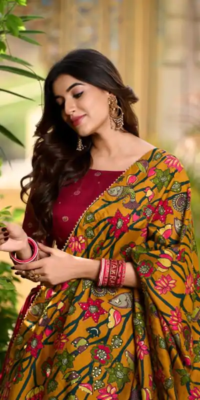 LNB 1219 Red Tasar Silk With Gotta Patti Work & Kalamkari Print Lehenga Choli . Best Price ₹2449. Delivery 4-6 Working Days. Shop now. | Lehenga, Bollywood Lehenga, Creative Lehenga, Designer Lehenga, Embroidered Lehenga, Party Wear Lehenga