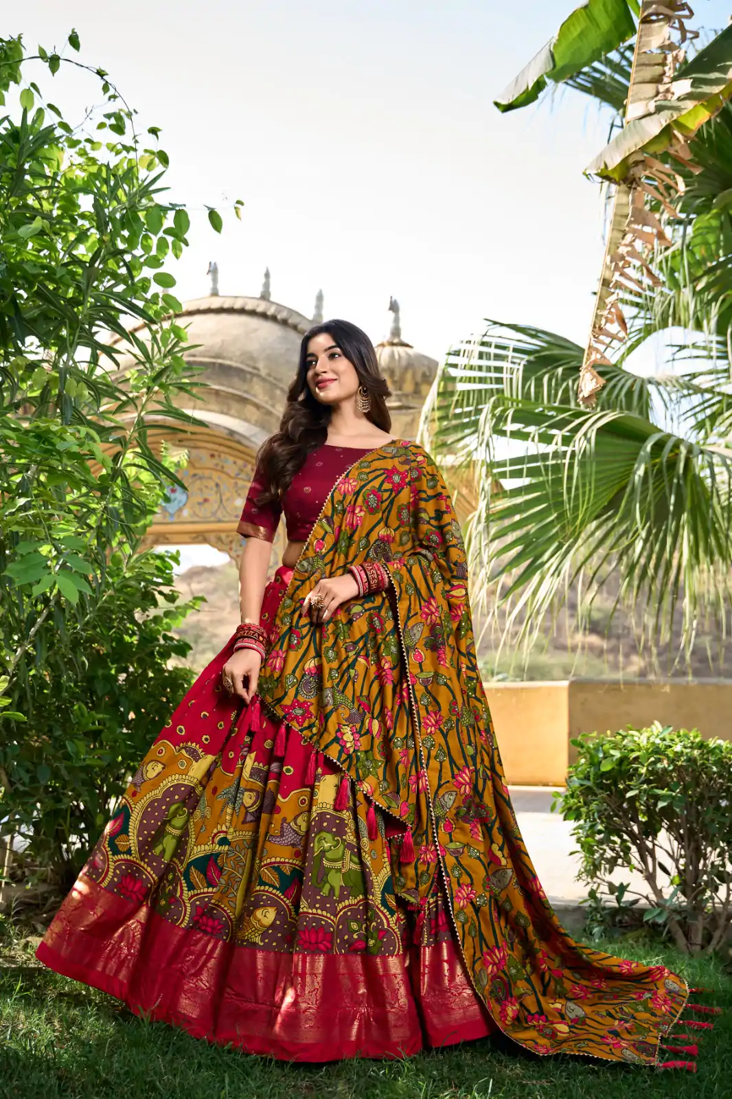LNB 1219 Red Tasar Silk With Gotta Patti Work & Kalamkari Print Lehenga Choli . Best Price ₹2449. Delivery 4-6 Working Days. Shop now. | Lehenga, Bollywood Lehenga, Creative Lehenga, Designer Lehenga, Embroidered Lehenga, Party Wear Lehenga
