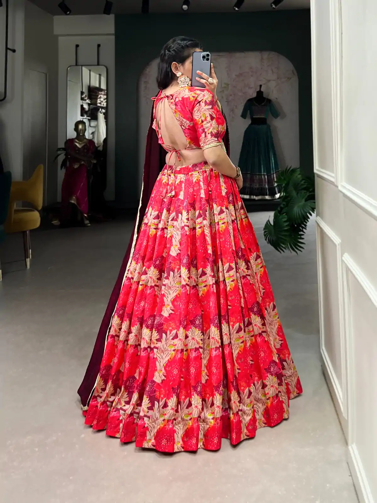 Red Tussar Silk Sequins Work Lehenga Choli - Image 4