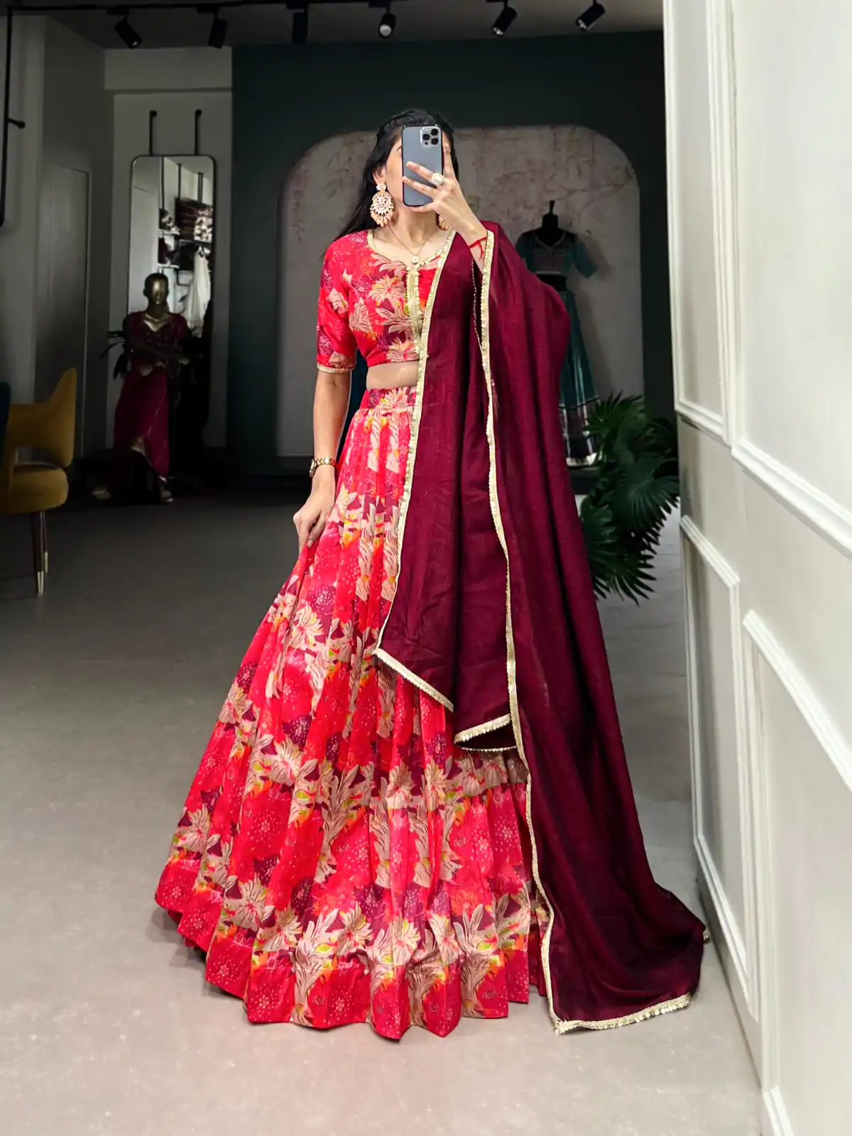 Red Tussar Silk Sequins Work Lehenga Choli