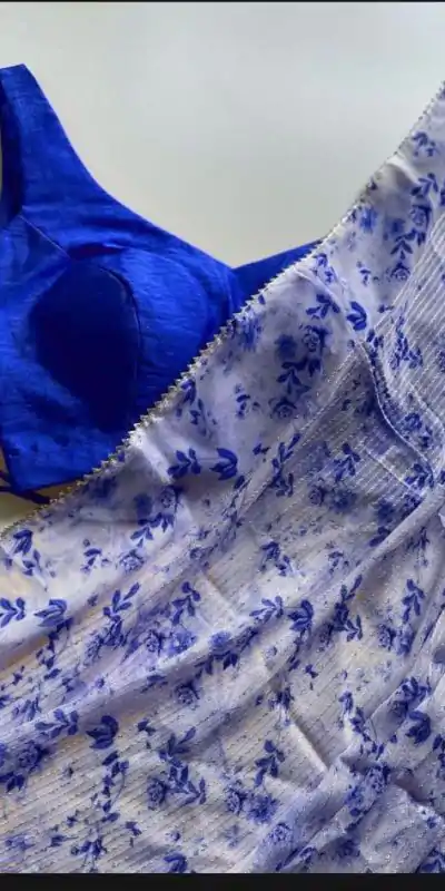 Royal Blue Georgette Digital Crochet Work Saree