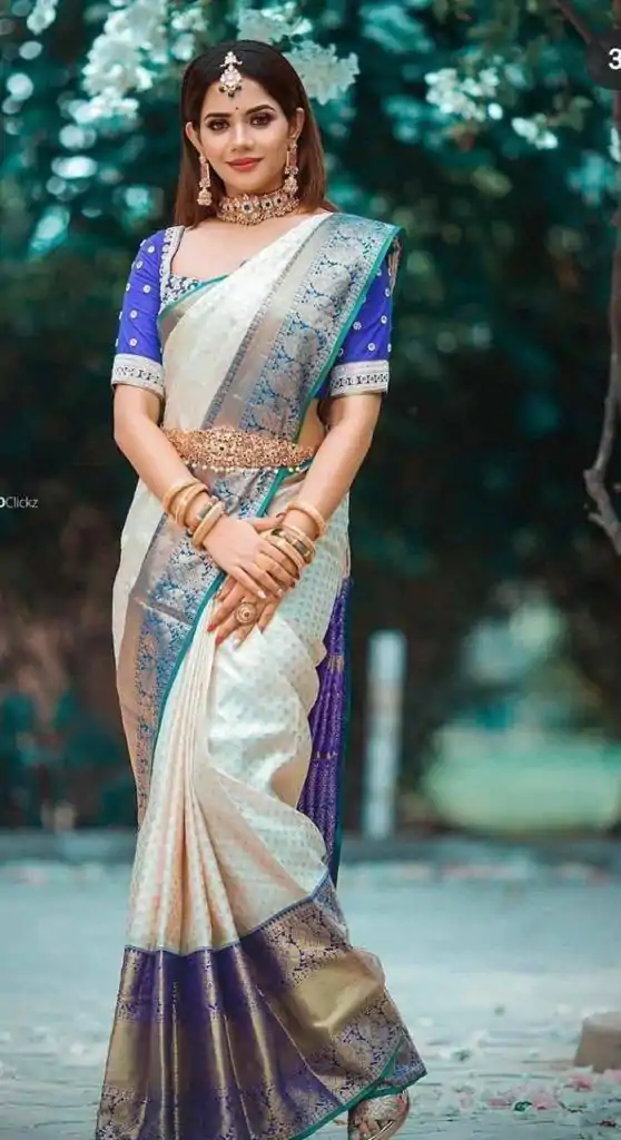 Royal Blue Soft Lichi Silk Lace Work Saree - Image 3
