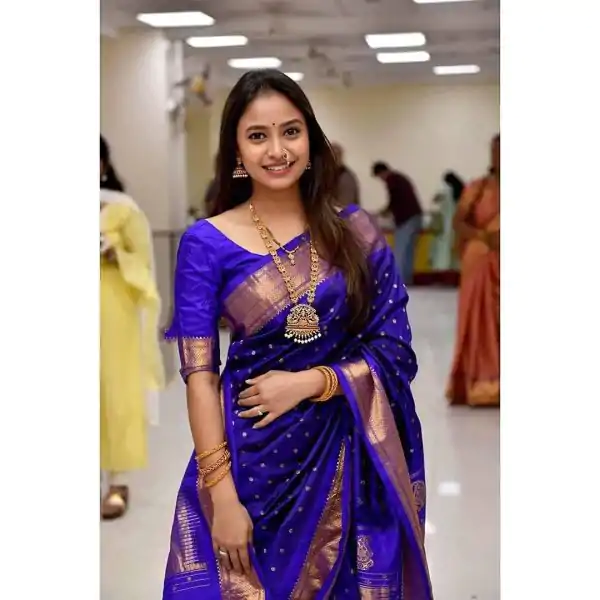 Royal Blue Soft Lichi Silk With Lace Work Saree