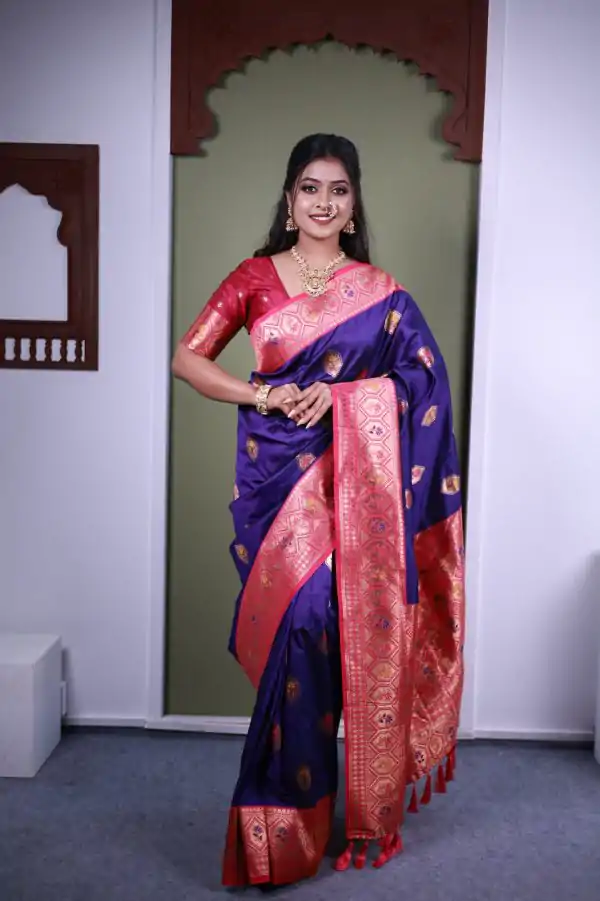 Royal Blue Soft Paithani Silk Zari Work Lace Saree
