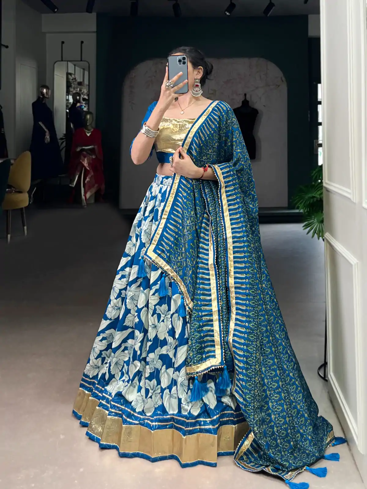 Royal Blue Tasar Silk Lace Work Lehenga Choli - Image 2