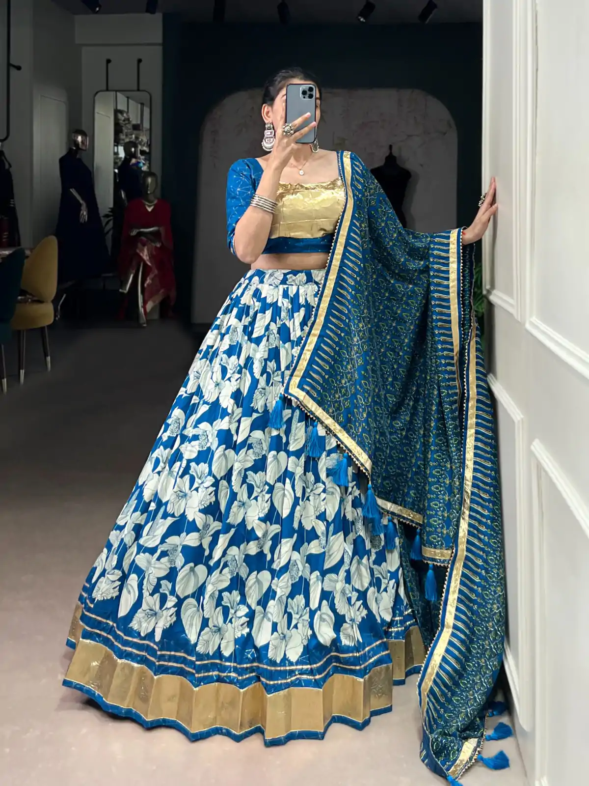 Royal Blue Tasar Silk Lace Work Lehenga Choli